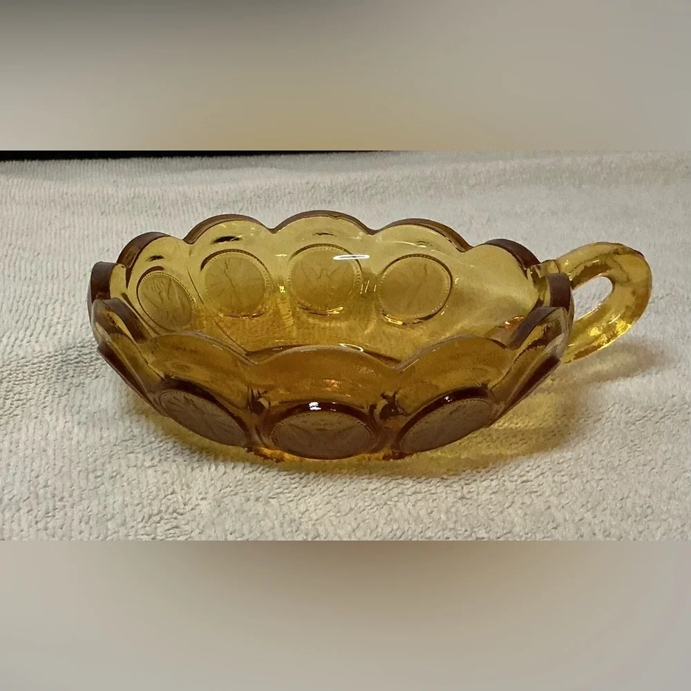 Fostoria Amber Coin Nappy Dish Glass 1887 Liberty Eagle Torch Pattern Handle Vtg